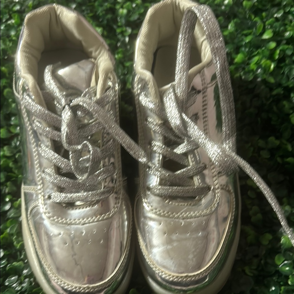 Metallic Silver High-Top Sneakers with Reflective Finish and Padded Collar
